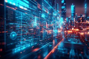 Réseau de données technologiques avec gratte-ciels futuristes en arrière-plan